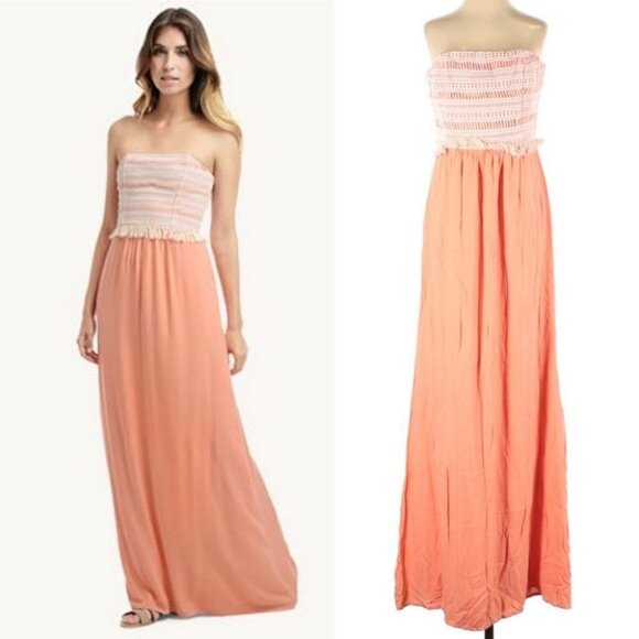 Ella Moss Bohemian Crochet Strapless Maxi Dress Salmon Orange Size XS Boho Raffi - Picture 13 of 13